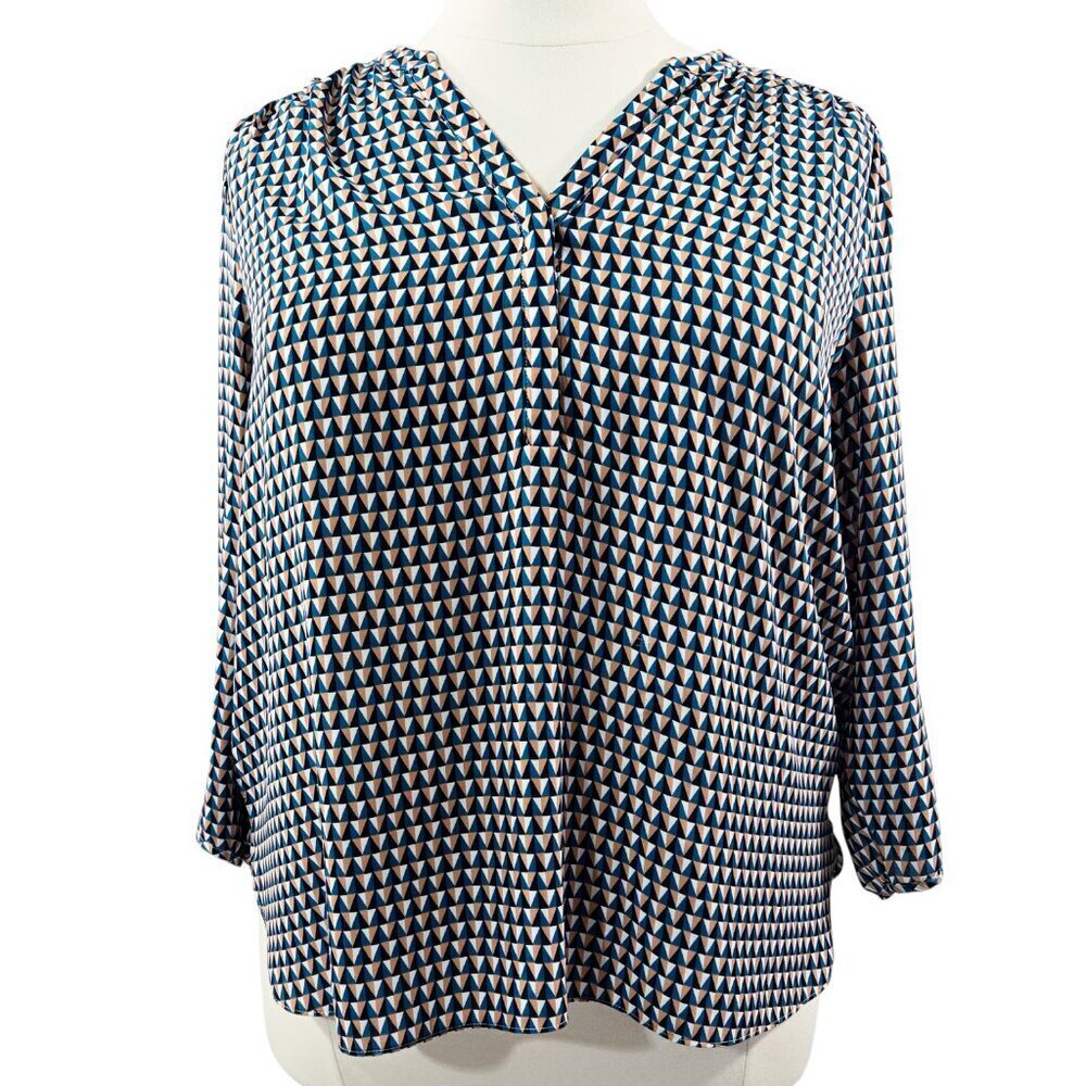 NYDJ Multicolor Triangle Geometric Split Neck Blouse Business Casual Office